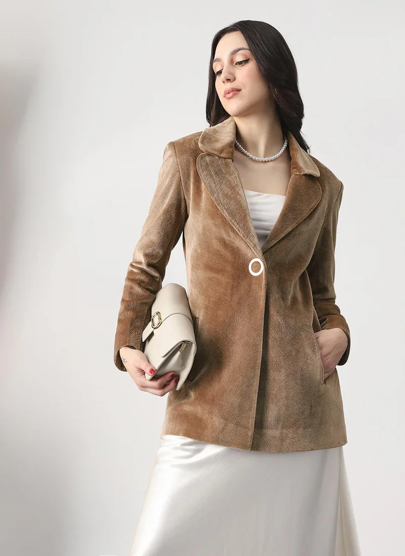 globus Globus Women Beige Mock Neck Long Sleeves Self Design Suede 2 Pockets Soft Functional Hip Length Winterwear Overcoat